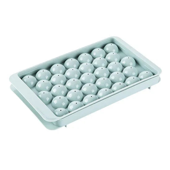 Sky blue and pink plastic round ice ball mould trays with 18 and 33 grids.