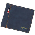 Short tri-fold men's wallet in black, shown open to display card slots and note compartment.