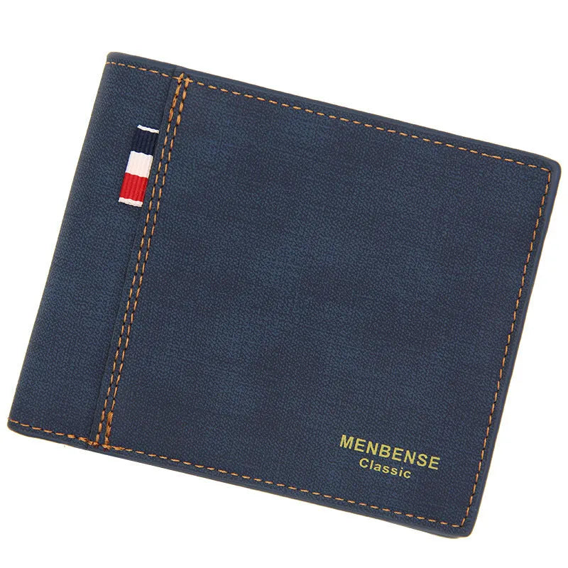 Short tri-fold men's wallet in black, shown open to display card slots and note compartment.