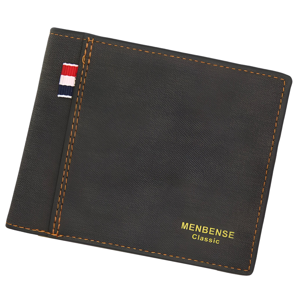 Short tri-fold men's wallet in black, shown open to display card slots and note compartment.