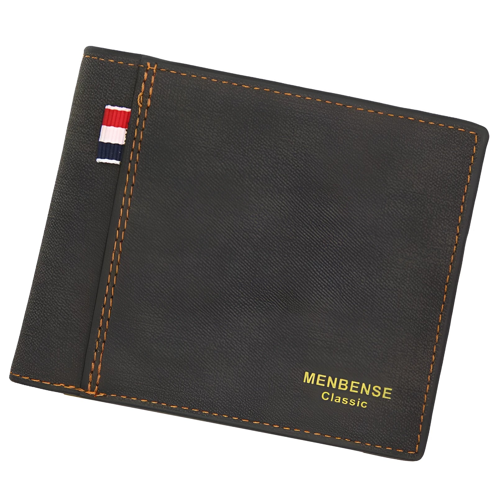 Short tri-fold men's wallet in black, shown open to display card slots and note compartment.