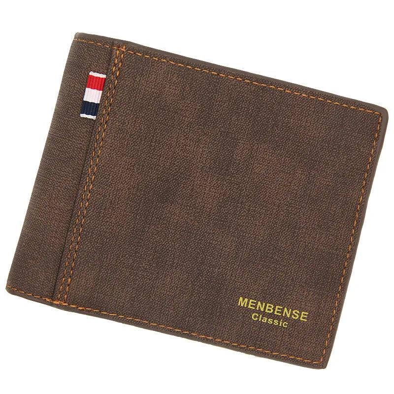 Short tri-fold men's wallet in black, shown open to display card slots and note compartment.