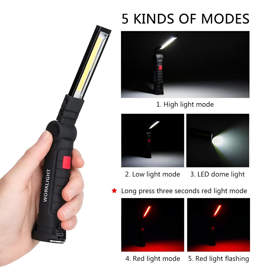 COB LED tactical flashlight in carbon-black finish with folding stand, magnet, and hanging hook on a metal surface