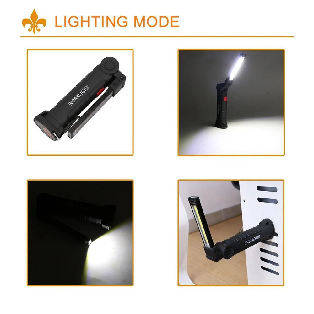 COB LED tactical flashlight in carbon-black finish with folding stand, magnet, and hanging hook on a metal surface