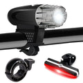 Black USB rechargeable mountain bike headlight, rainproof plastic, 105x33x90mm, with optional taillight and jewel lights
