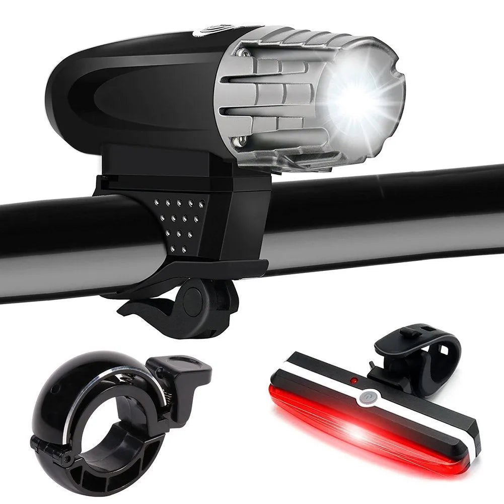 Black USB rechargeable mountain bike headlight, rainproof plastic, 105x33x90mm, with optional taillight and jewel lights