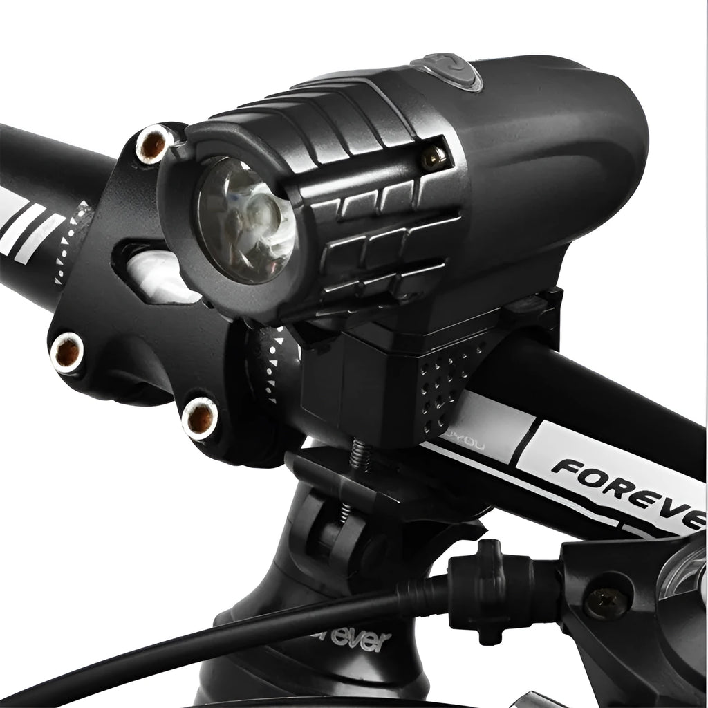 Black USB rechargeable mountain bike headlight, rainproof plastic, 105x33x90mm, with optional taillight and jewel lights