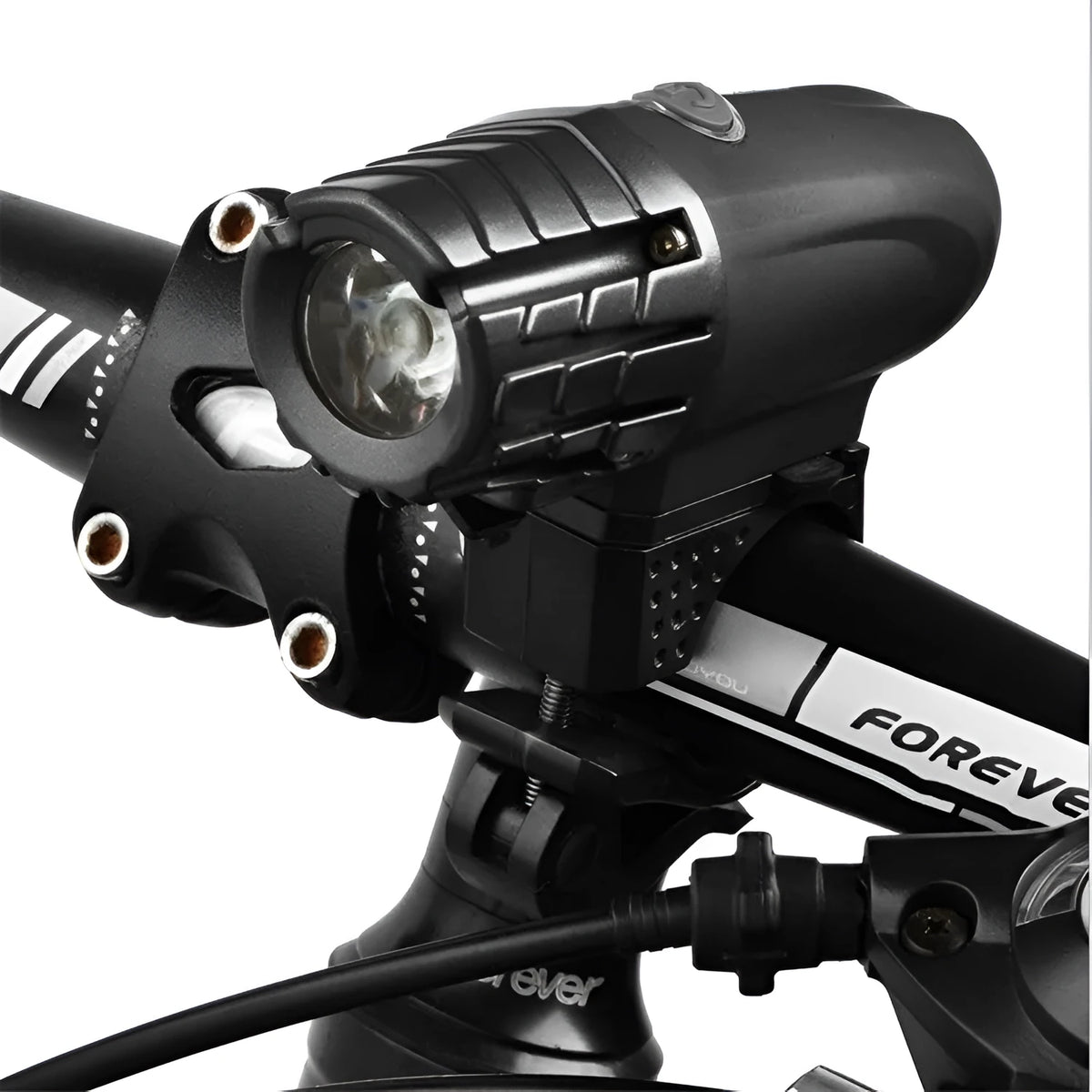 Black USB rechargeable mountain bike headlight, rainproof plastic, 105x33x90mm, with optional taillight and jewel lights