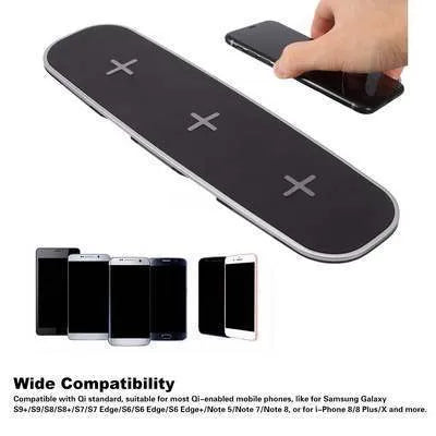 Black and white 3-in-1 wireless charging pad for phone, Apple Watch, and AirPods on a desk.