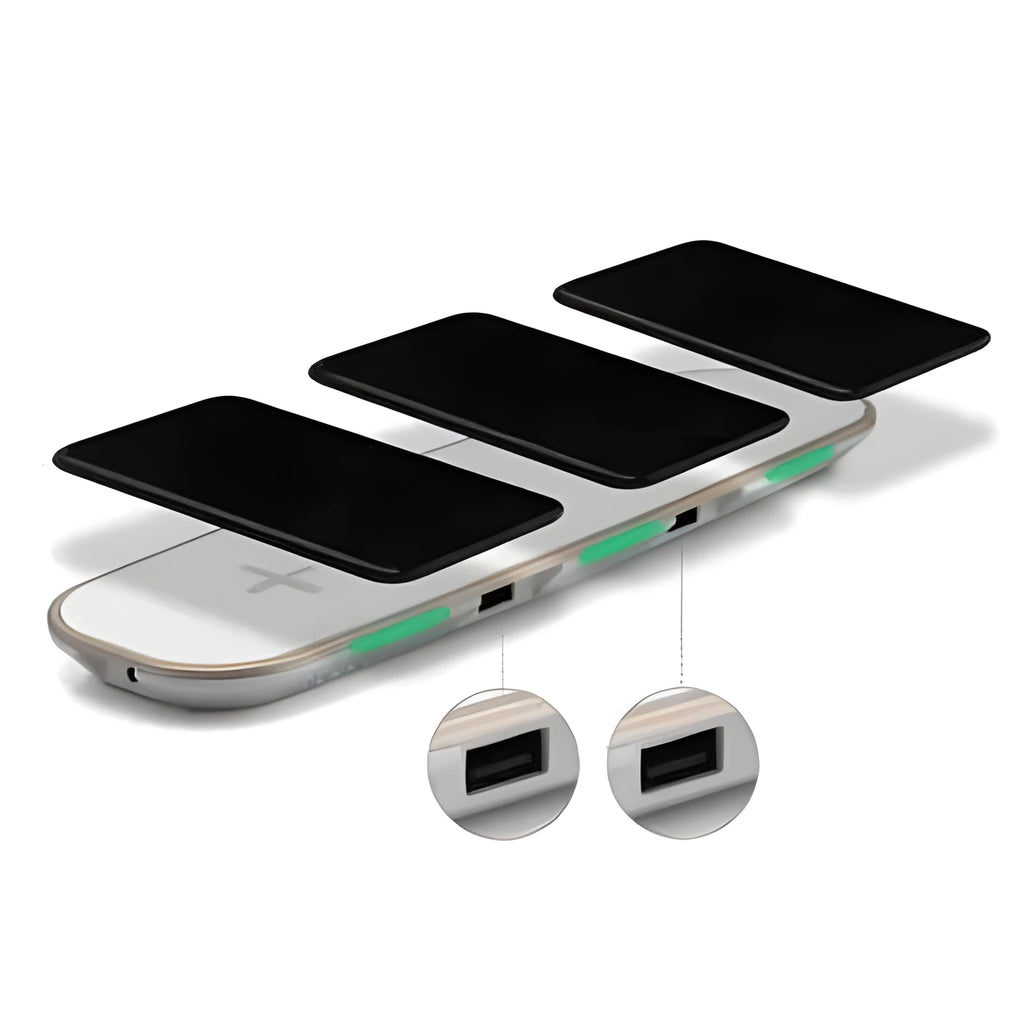 Black and white 3-in-1 wireless charging pad for phone, Apple Watch, and AirPods on a desk.
