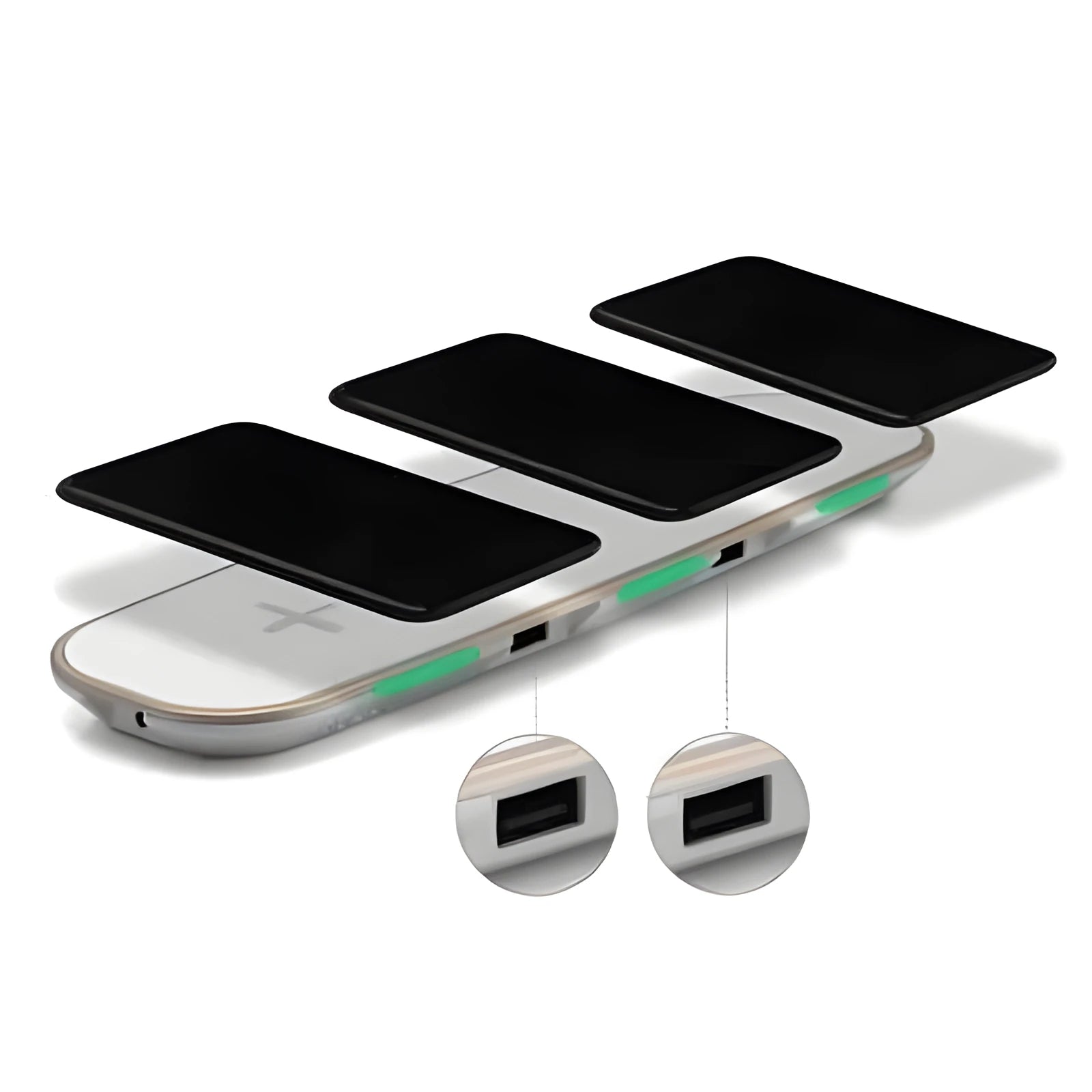Black and white 3-in-1 wireless charging pad for phone, Apple Watch, and AirPods on a desk.