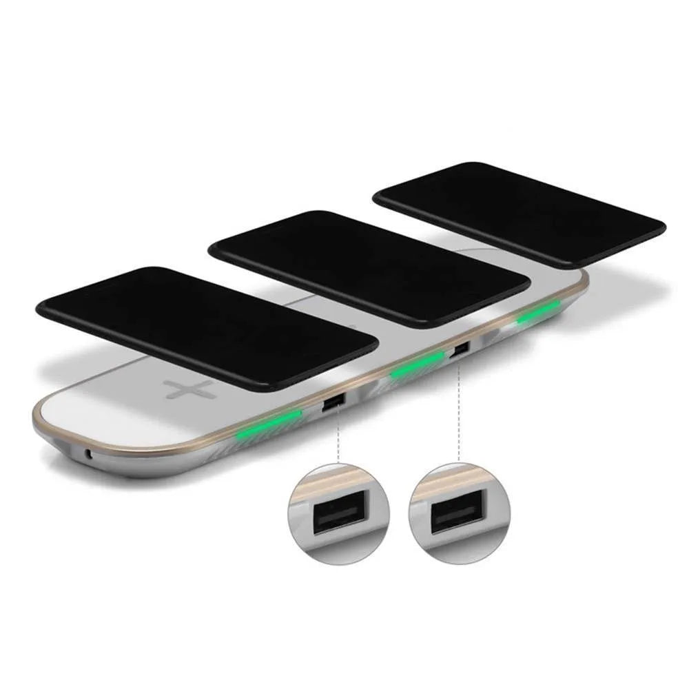 Black and white 3-in-1 wireless charging pad for phone, Apple Watch, and AirPods on a desk.