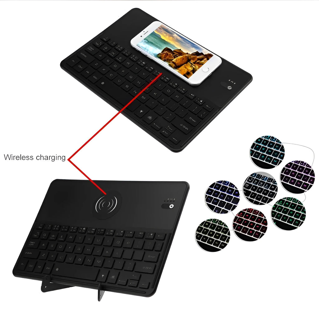 Black wireless Bluetooth 3.0 keyboard with QI charging pad, 7 backlight colours, slim aluminium design, 550mAh battery