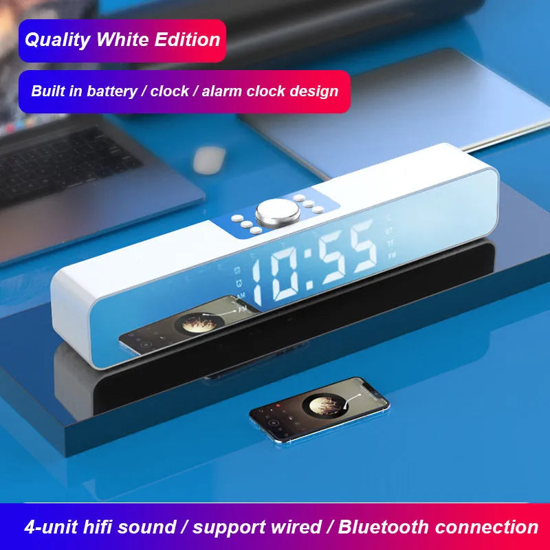 Bluetooth alarm clock speaker with LED mirror display, FM radio, dual alarms, compact desktop design