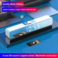 Bluetooth alarm clock speaker with LED mirror display, FM radio, dual alarms, compact desktop design