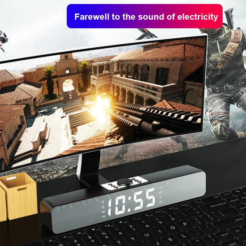 Bluetooth alarm clock speaker with LED mirror display, FM radio, dual alarms, compact desktop design