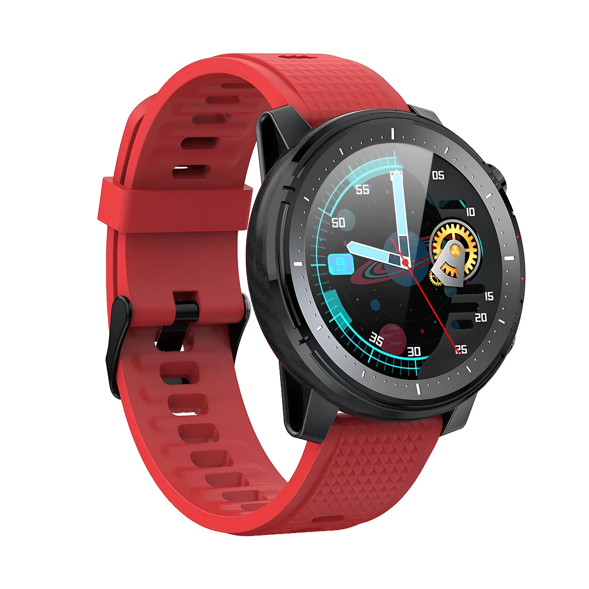Black or red IP68 waterproof Android smart watch with round 1.3-inch touch screen and silicone strap