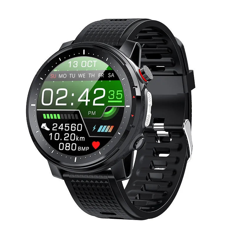 Black or red IP68 waterproof Android smart watch with round 1.3-inch touch screen and silicone strap