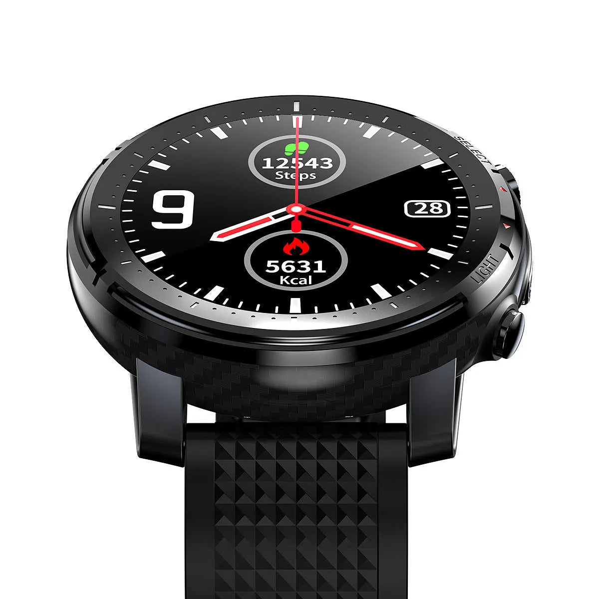 Black or red IP68 waterproof Android smart watch with round 1.3-inch touch screen and silicone strap
