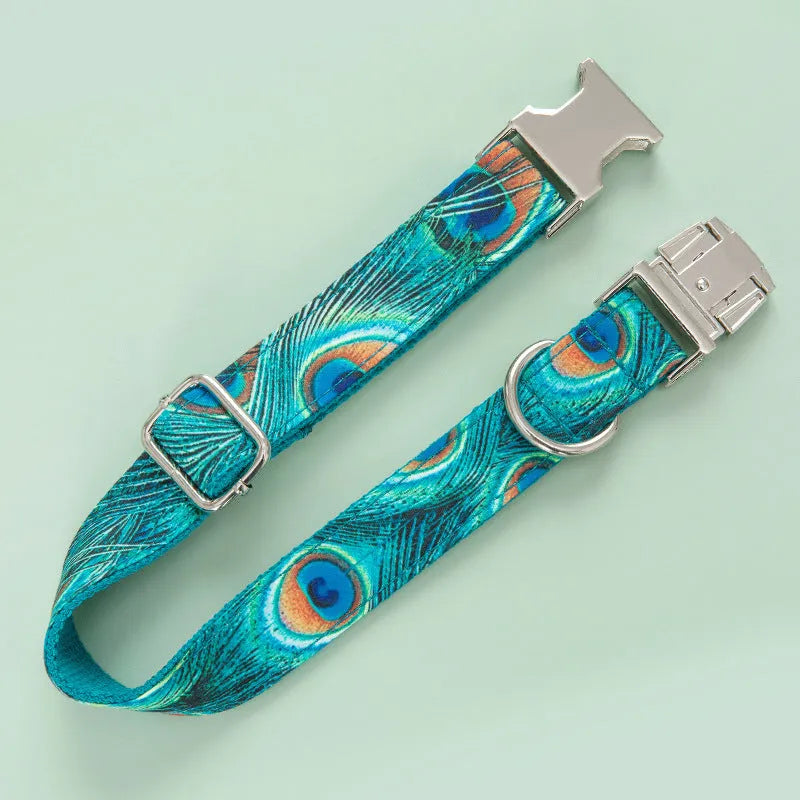 Peacock blue dog collar with zinc alloy buckle, ins style, sizes XS to XL, includes towing rope