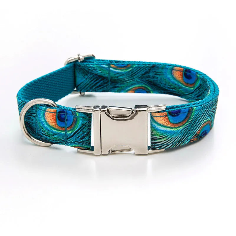 Peacock blue dog collar with zinc alloy buckle, ins style, sizes XS to XL, includes towing rope