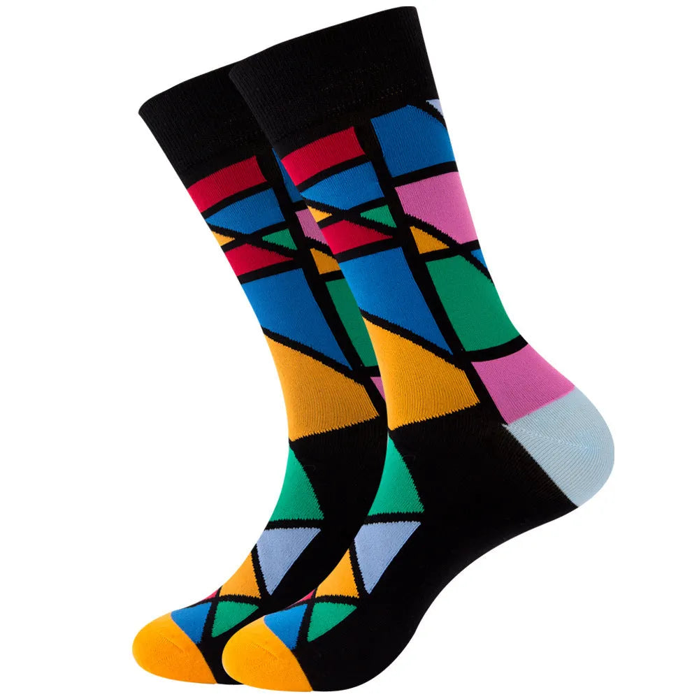 Cotton jacquard stripe socks for men and women, size 38-45, square tube design, multiple colour options