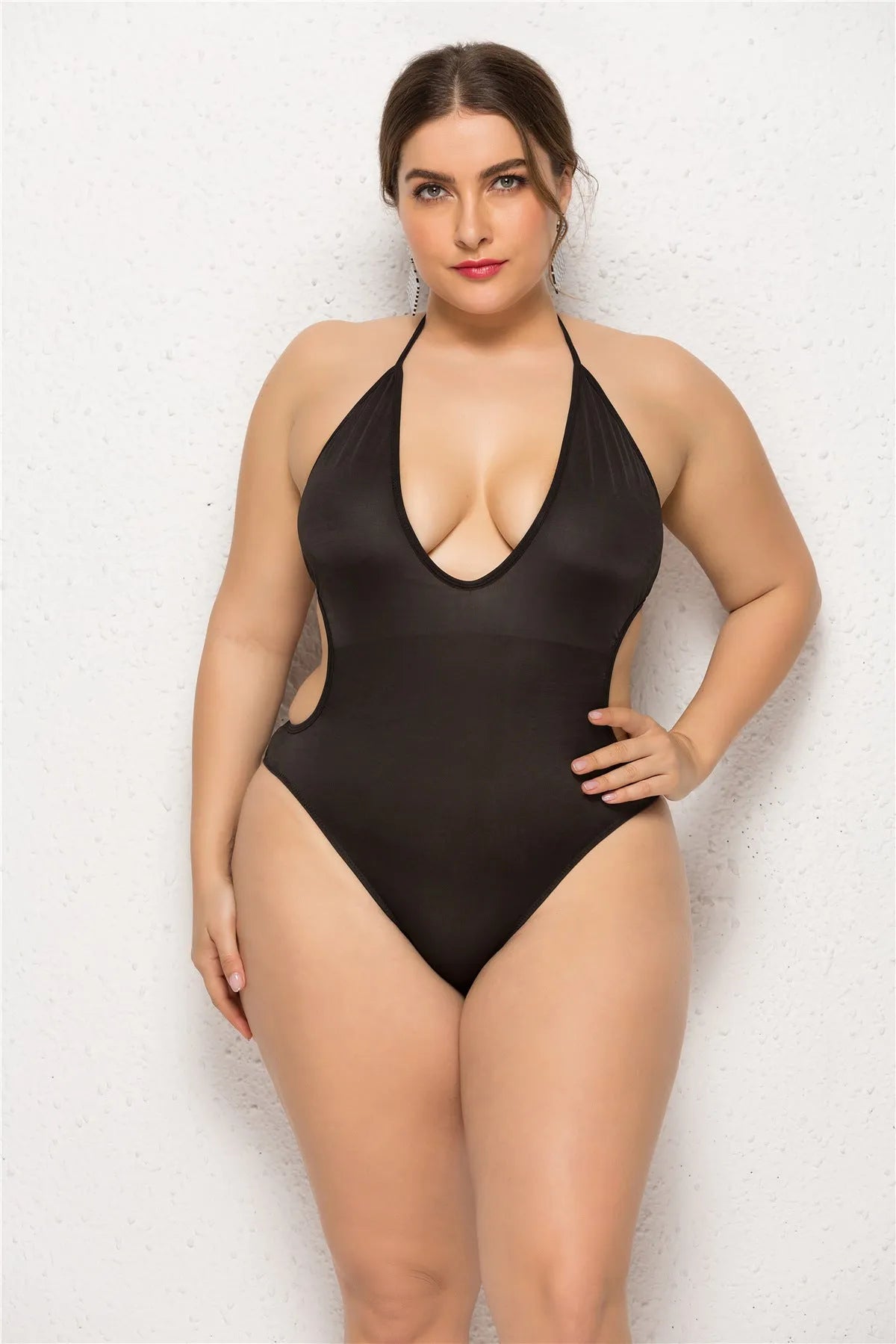 Black one-piece swimsuit with deep V-neck and sling straps, size 2XL to 5XL, for plus size women
