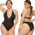 Black one-piece swimsuit with deep V-neck and sling straps, size 2XL to 5XL, for plus size women
