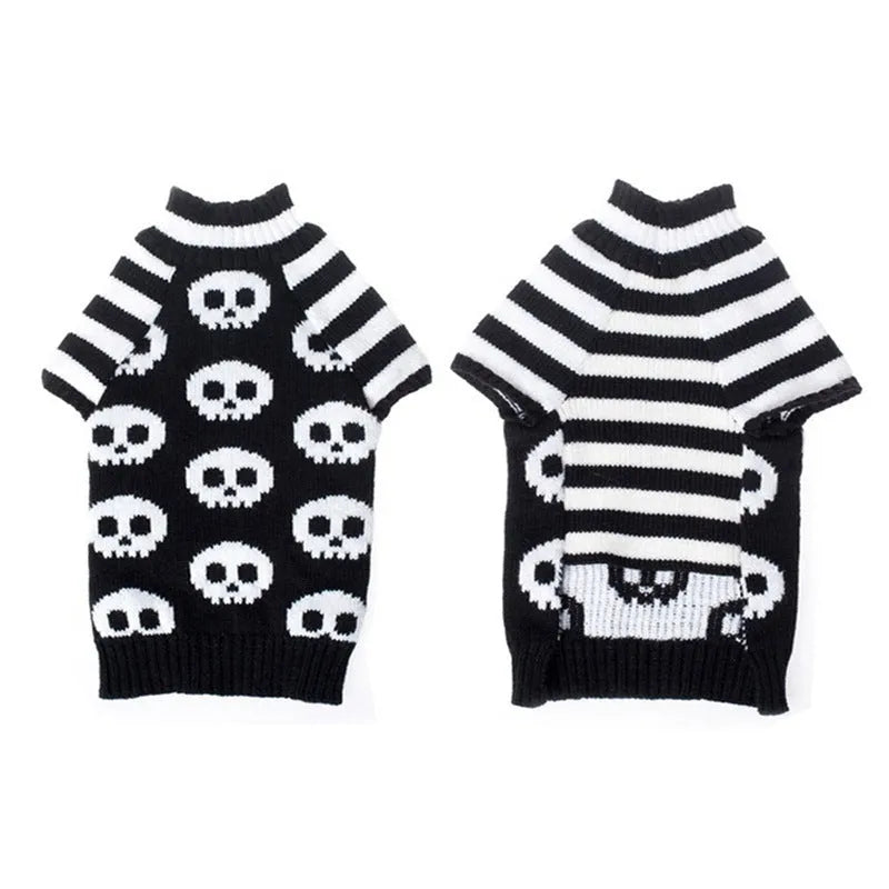 Black skull-pattern acrylic knit dog sweater on a pet, front view, with ribbed neckline and pullover style