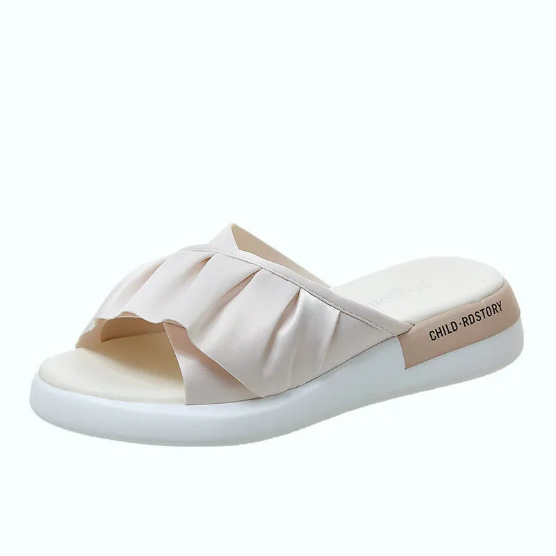Women's casual sandals with waterproof platform, silk upper, and middle heel in beige colour