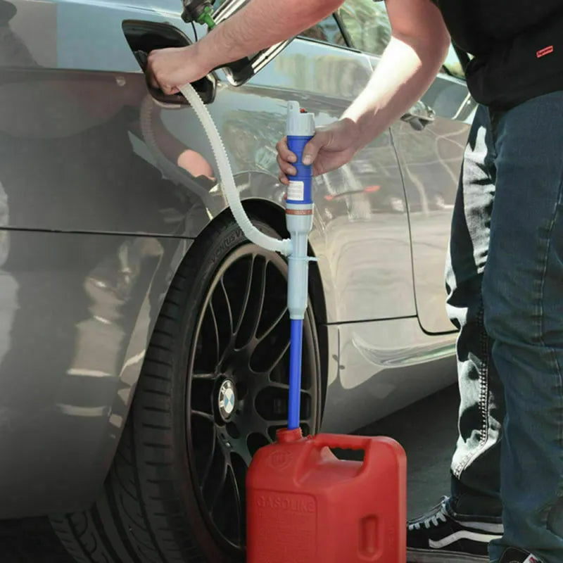 Manual hand pump fuel transfer siphon in blue or red colours for gasoline oil water chemical liquids