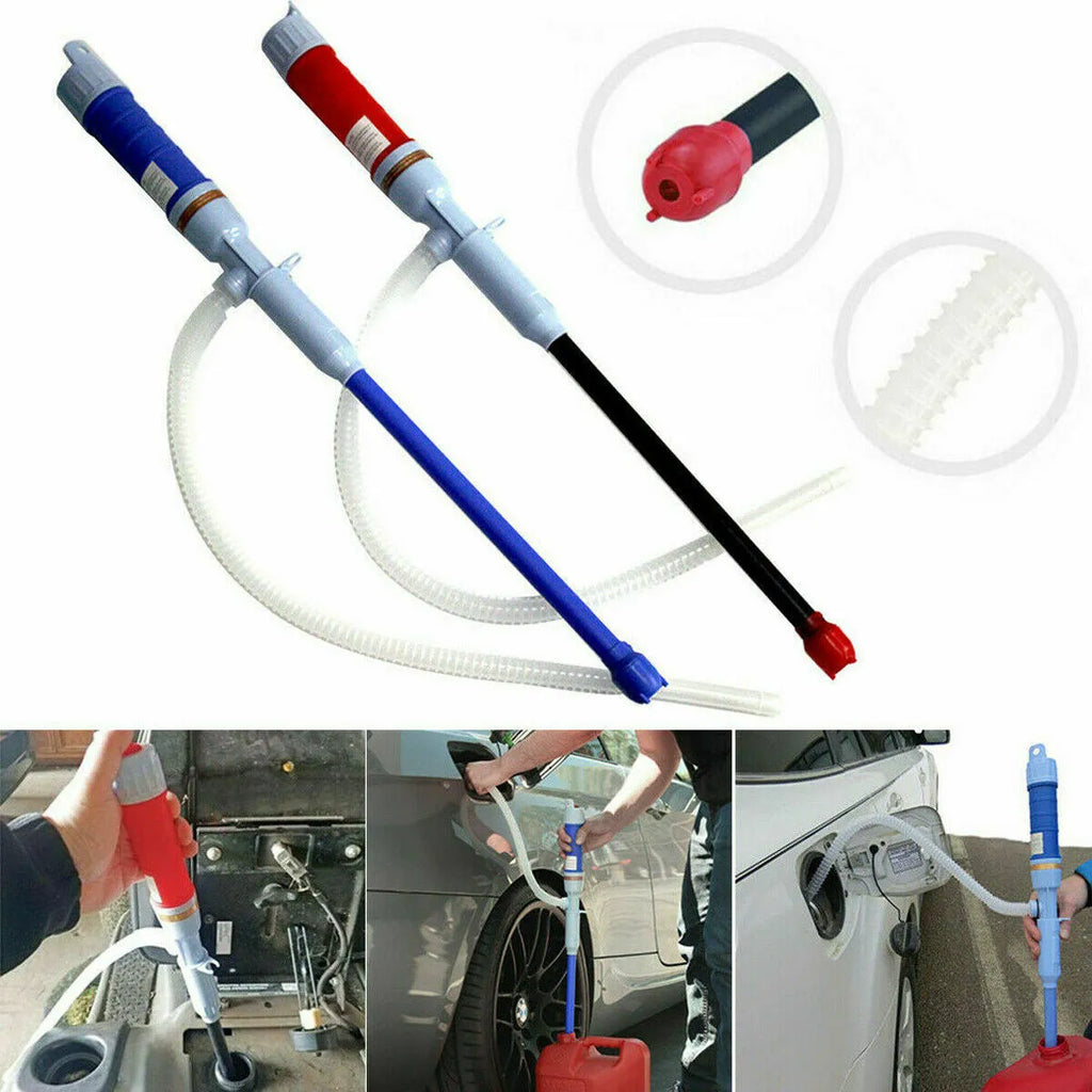 Manual hand pump fuel transfer siphon in blue or red colours for gasoline oil water chemical liquids