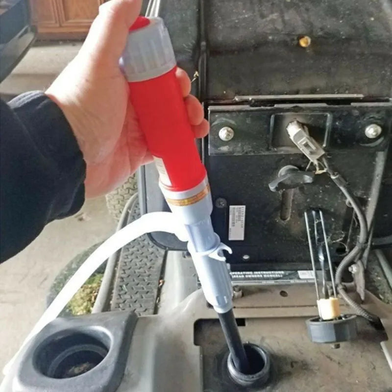 Manual hand pump fuel transfer siphon in blue or red colours for gasoline oil water chemical liquids