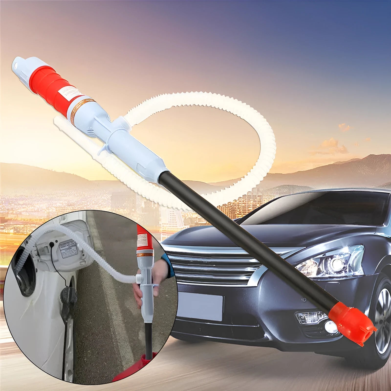 Manual hand pump fuel transfer siphon in blue or red colours for gasoline oil water chemical liquids
