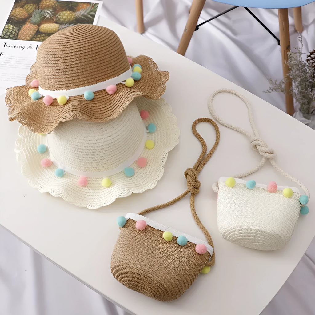 Children's straw hat and bag set in solid colour, large brim, dome top with cartoon pattern and hairy ball detail