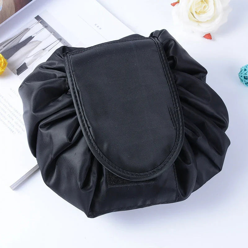 Stylish and spacious cosmetic bag with drawstring closure, available in various vibrant color options for easy travel organization