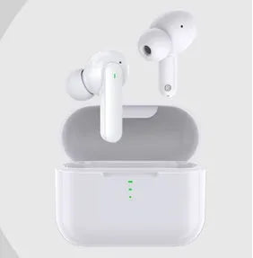 Black and white wireless Bluetooth in-ear headphones with magnetic charging case showing touch controls and dual driver design