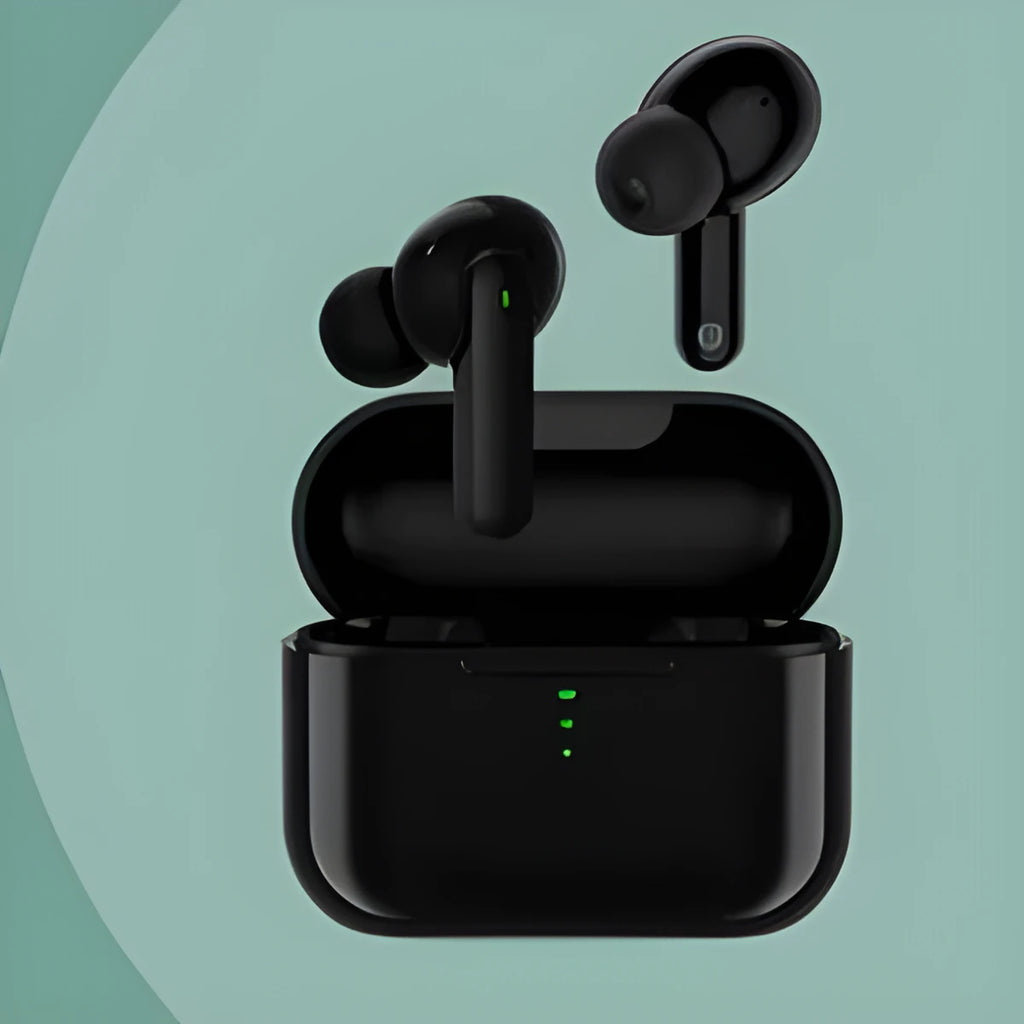 Black and white wireless Bluetooth in-ear headphones with magnetic charging case showing touch controls and dual driver design