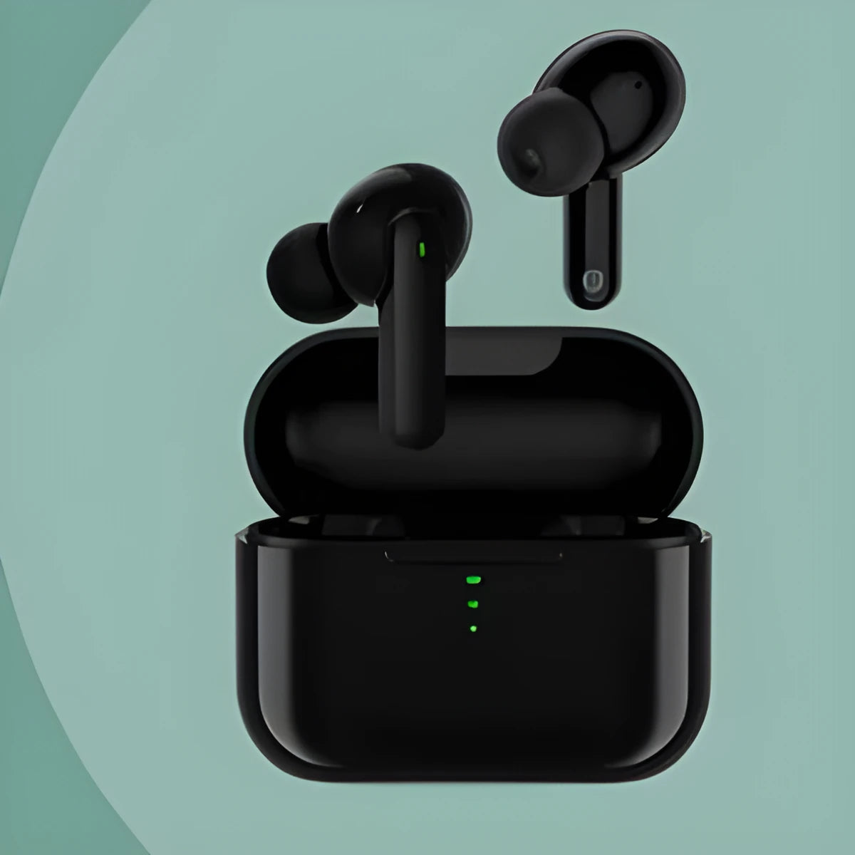 Black and white wireless Bluetooth in-ear headphones with magnetic charging case showing touch controls and dual driver design