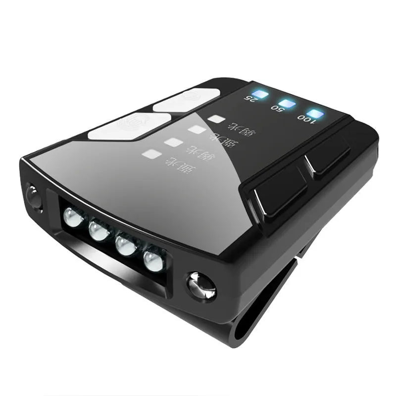 USB rechargeable fishing headlight with clip attachment and power indicator display