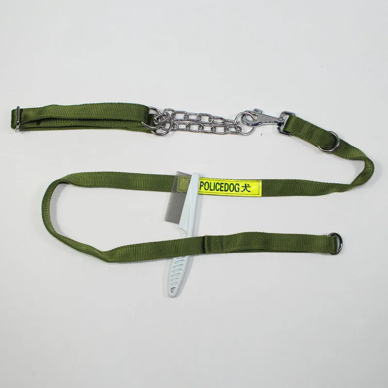 Police dog training lead in PP with reflective detail, shown in black and green for large dog training.
