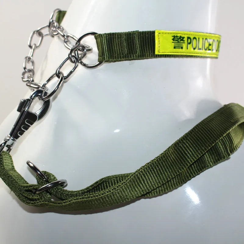 Police dog training lead in PP with reflective detail, shown in black and green for large dog training.