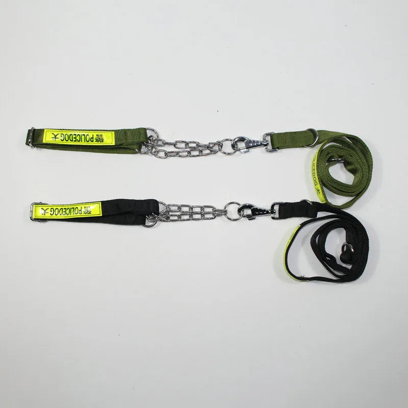 Police dog training lead in PP with reflective detail, shown in black and green for large dog training.