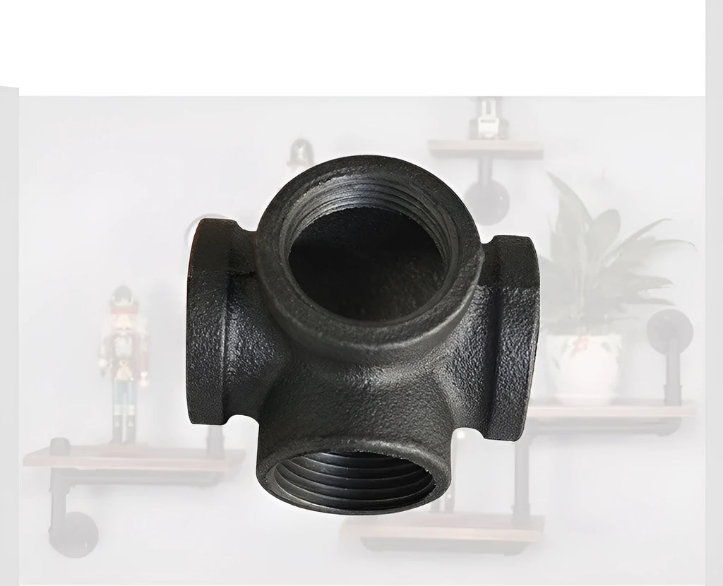 Galvanized steel four-way corner pipe fittings in three sizes with malleable iron construction