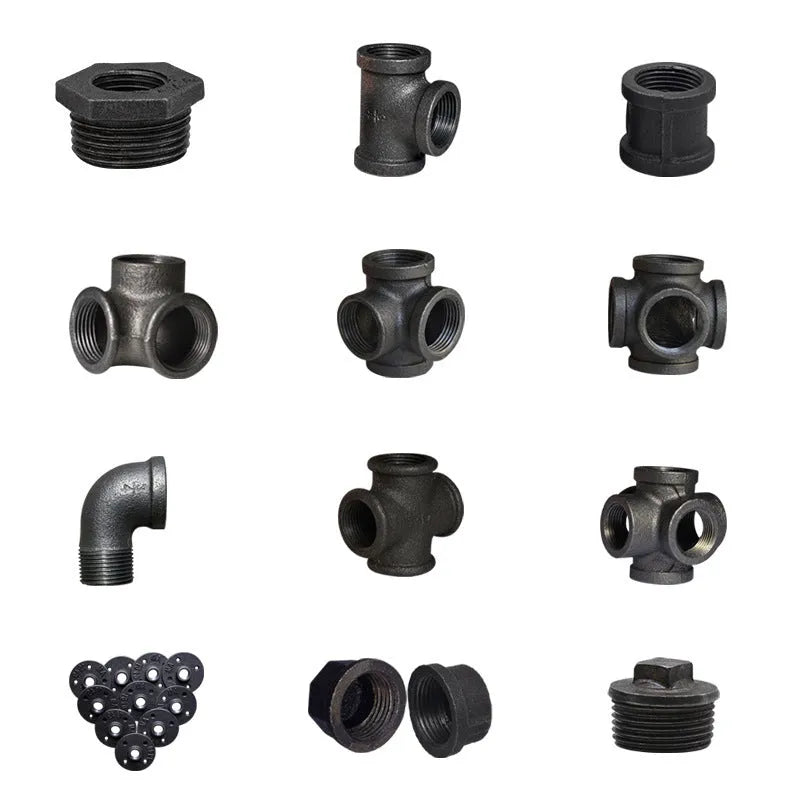 Galvanized steel four-way corner pipe fittings in three sizes with malleable iron construction