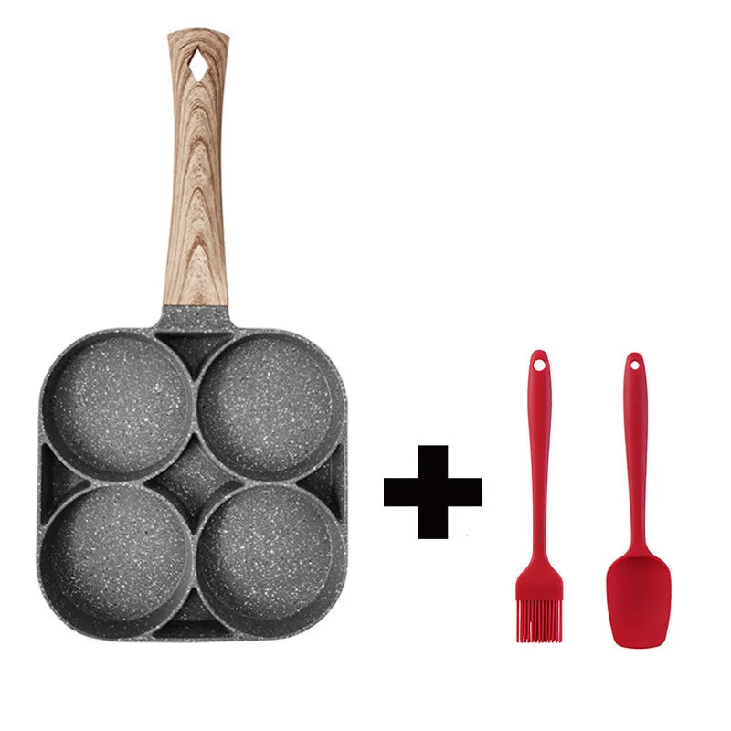 Four compartment non-stick aluminium frying pan with Bakelite handle for cooking eggs and pancakes
