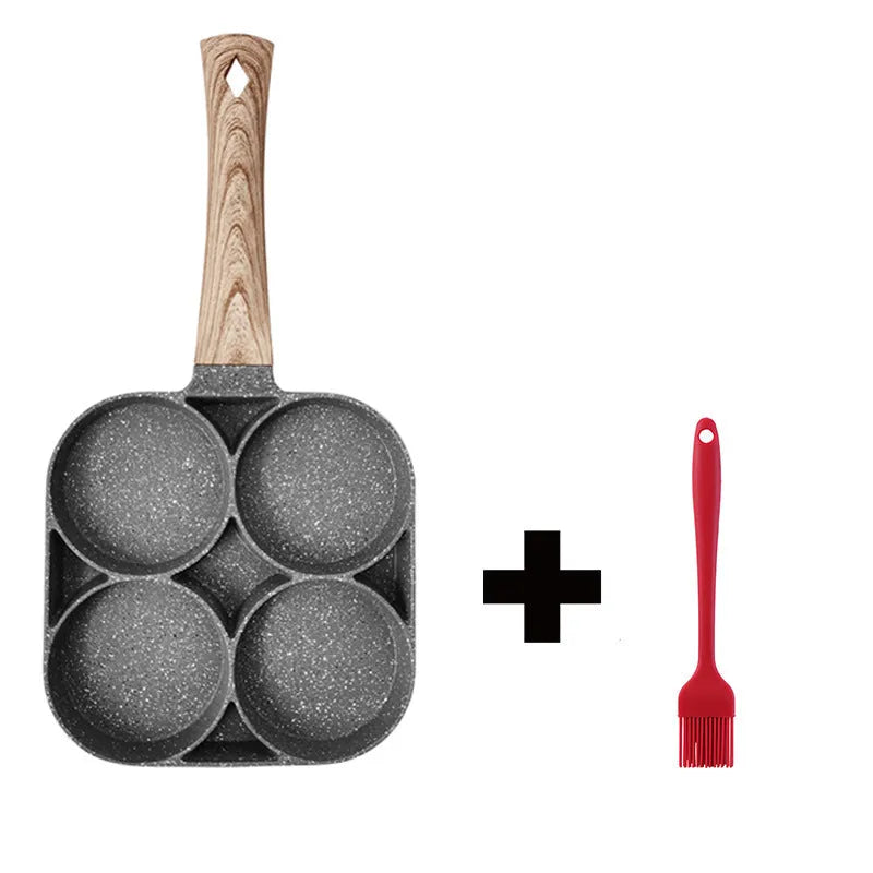 Four compartment non-stick aluminium frying pan with Bakelite handle for cooking eggs and pancakes