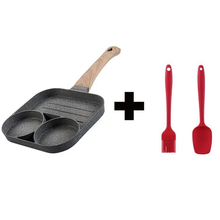 Four compartment non-stick aluminium frying pan with Bakelite handle for cooking eggs and pancakes