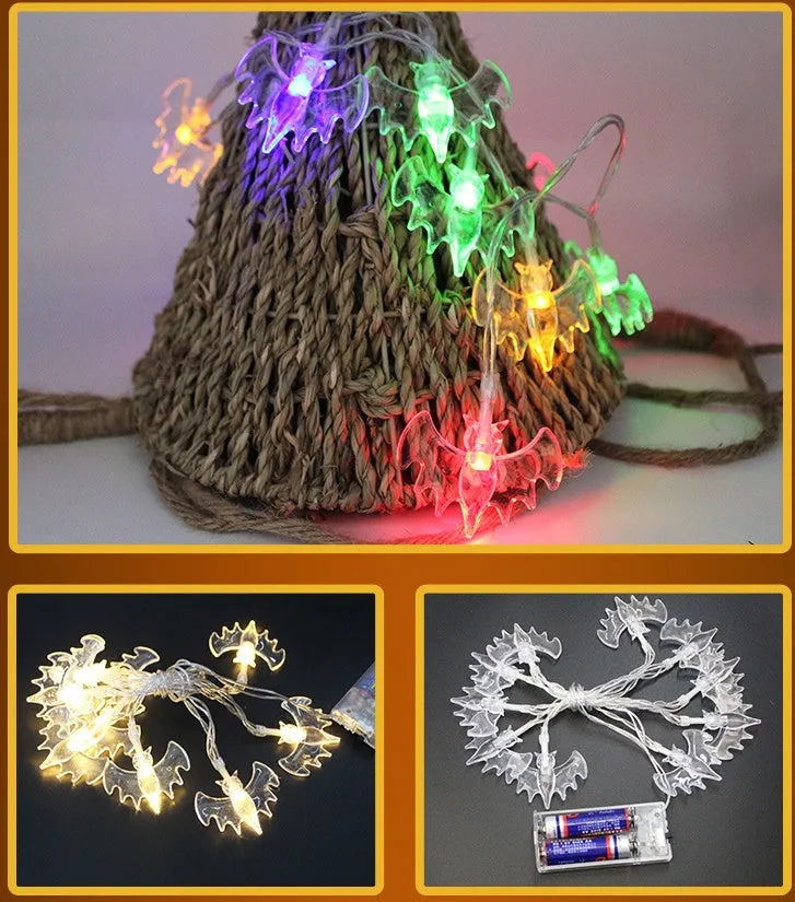 Halloween LED string lights with bat, ghost, pumpkin, and spider pendants on a 1.2 metre white wire.