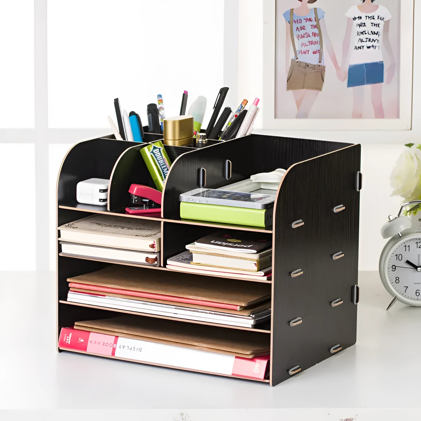 Wooden desk organiser with 16 compartments in four-tier design, available in multiple colours